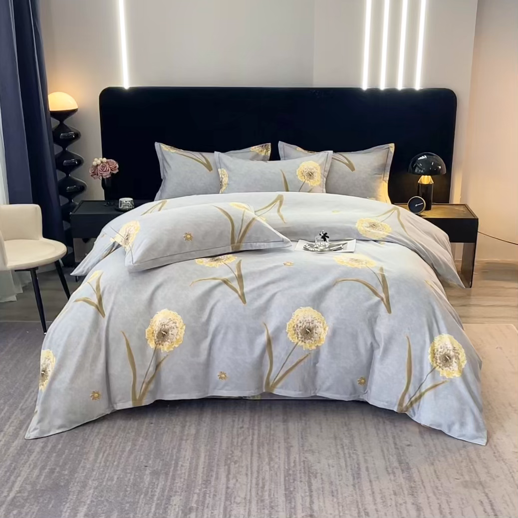 91家纺网 家纺一手货源 找家纺 晶缦家纺 2025叶语系·纯棉活性全棉磨毛四件套 清浅蒲英灰