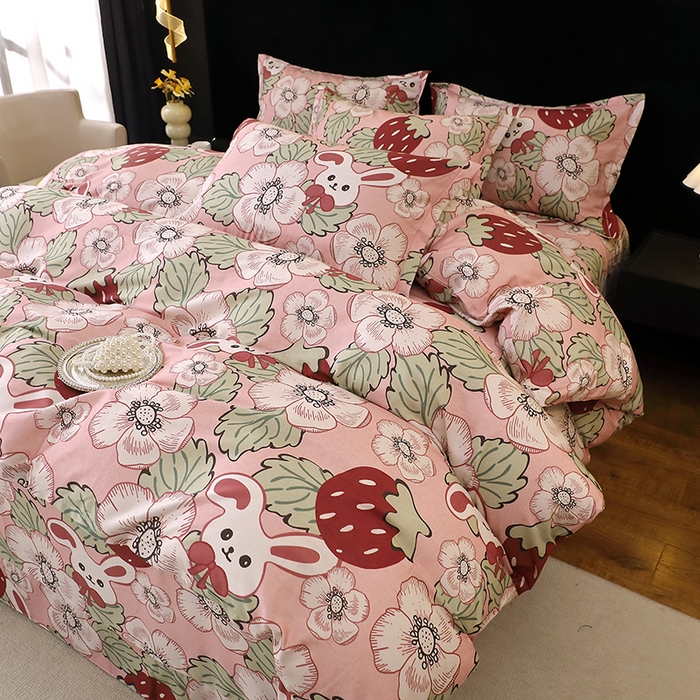 91家纺网 家纺一手货源 找家纺 晶缦家纺 2025叶语系·纯棉活性全棉磨毛四件套 兔宝贝粉