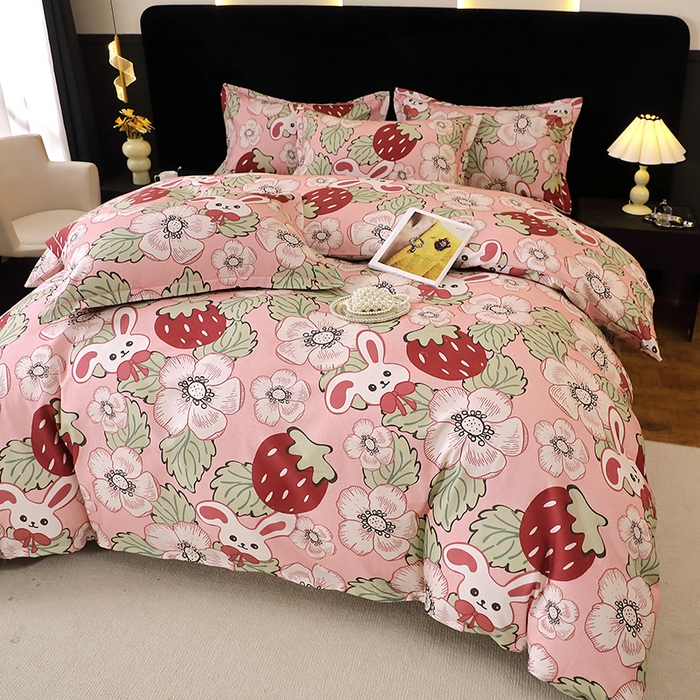 91家纺网 家纺一手货源 找家纺 晶缦家纺 2025叶语系·纯棉活性全棉磨毛四件套 兔宝贝粉