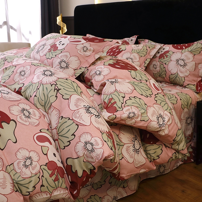 91家纺网 家纺一手货源 找家纺 晶缦家纺 2025叶语系·纯棉活性全棉磨毛四件套 兔宝贝粉