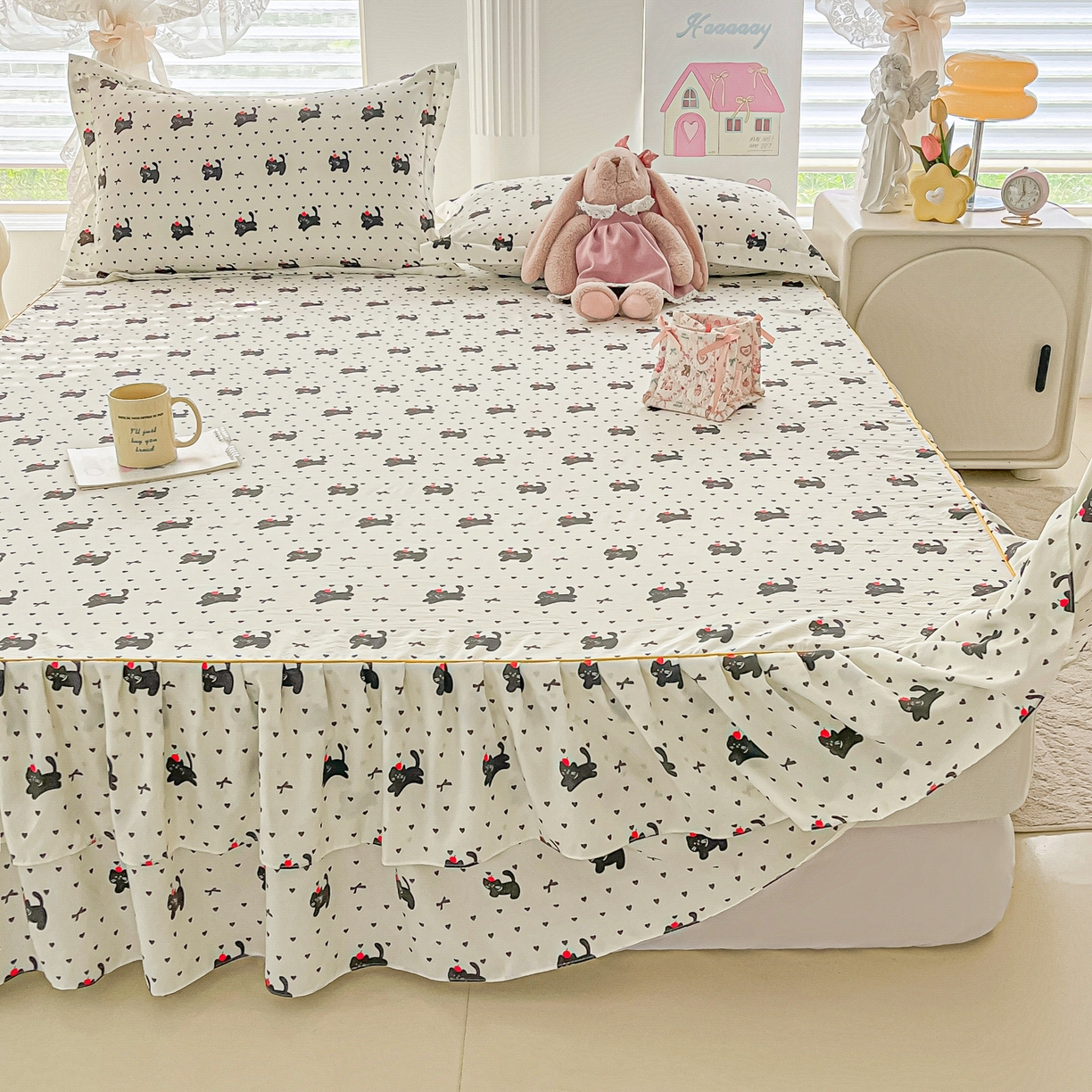 91家纺网 家纺一手货源 找家纺 子钦家纺 2025新款云朵棉水洗棉韩版双层花边公主风床裙床裙三件套 床裙-爱心喵