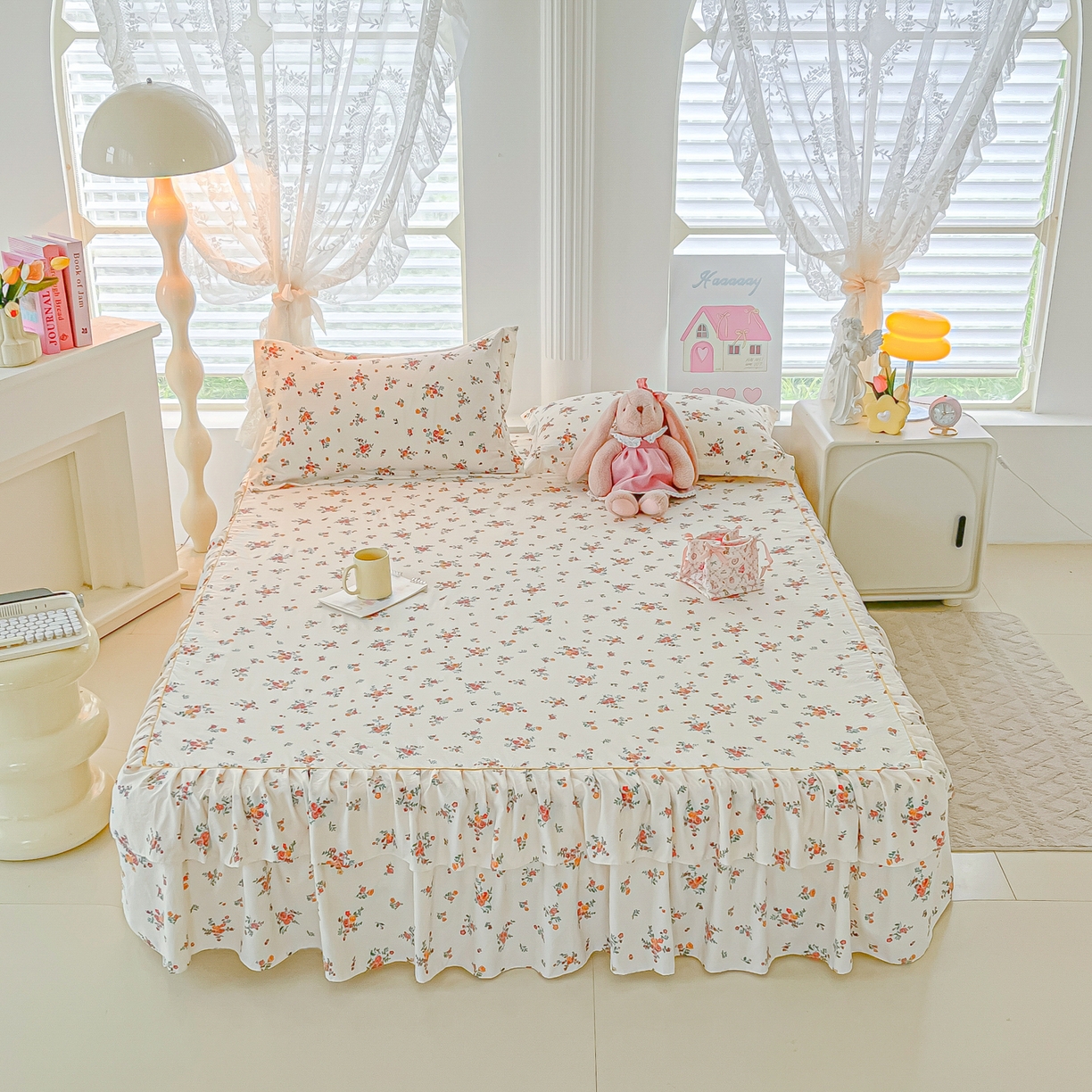 91家纺网 家纺一手货源 找家纺 子钦家纺 2025新款云朵棉水洗棉韩版双层花边公主风床裙床裙三件套 床裙-玫瑰奶糖