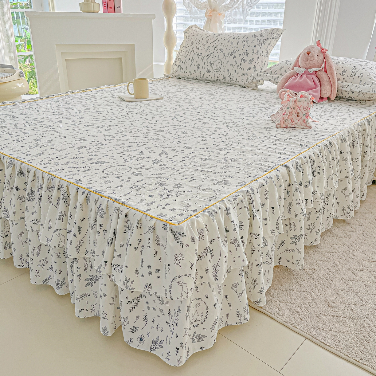 91家纺网 家纺一手货源 找家纺 子钦家纺 2025新款云朵棉水洗棉韩版双层花边公主风床裙床裙三件套 床裙-风情万种