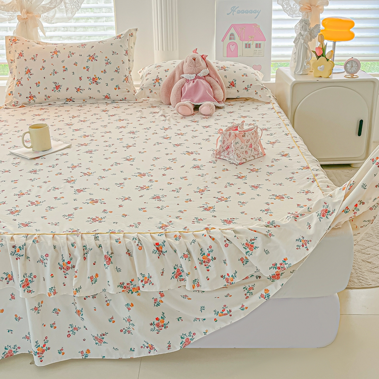 91家纺网 家纺一手货源 找家纺 子钦家纺 2025新款云朵棉水洗棉韩版双层花边公主风床裙床裙三件套 床裙-玫瑰奶糖