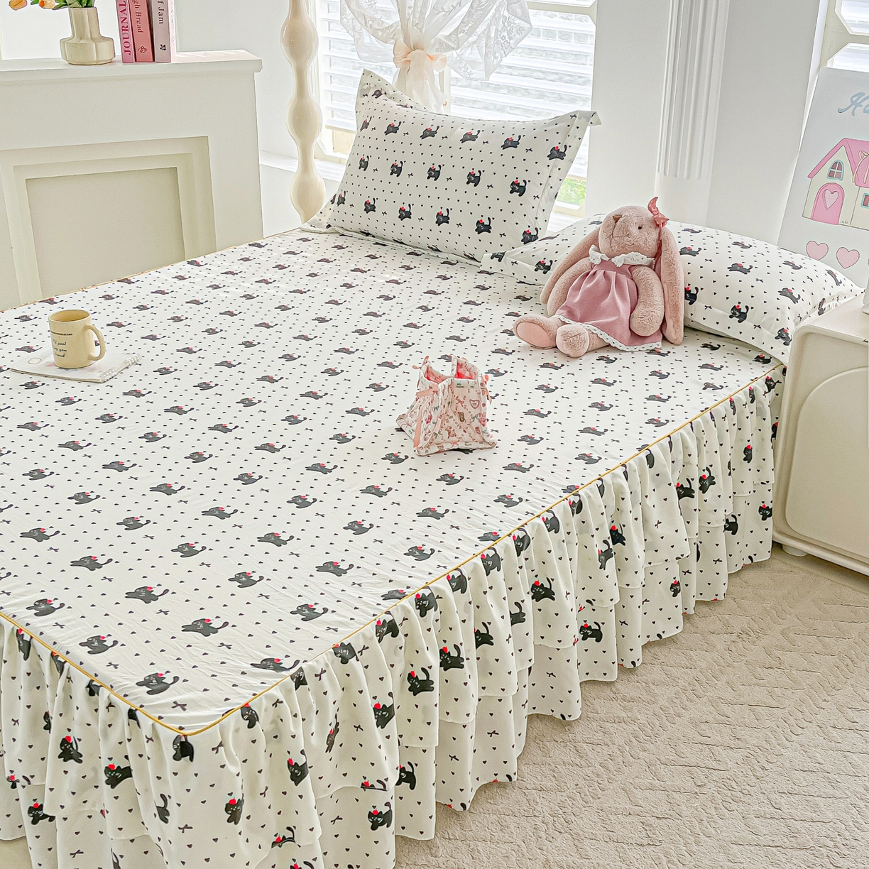 （总）子钦家纺 2025新款云朵棉水洗棉韩版双层花边公主风床裙床裙三件套