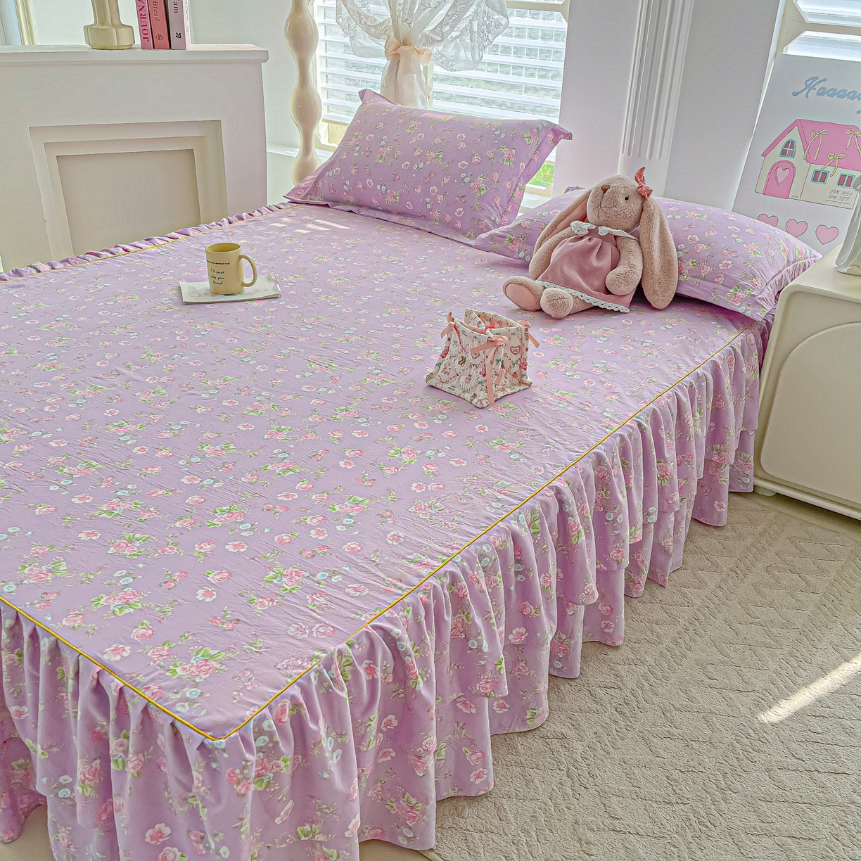 子钦家纺 2025新款云朵棉水洗棉韩版双层花边公主风床裙床裙三件套 床裙-普罗爱思