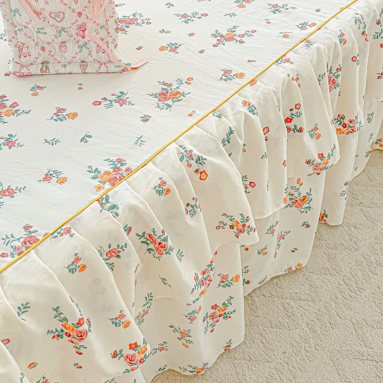 91家纺网 家纺一手货源 找家纺 子钦家纺 2025新款云朵棉水洗棉韩版双层花边公主风床裙床裙三件套 床裙-玫瑰奶糖