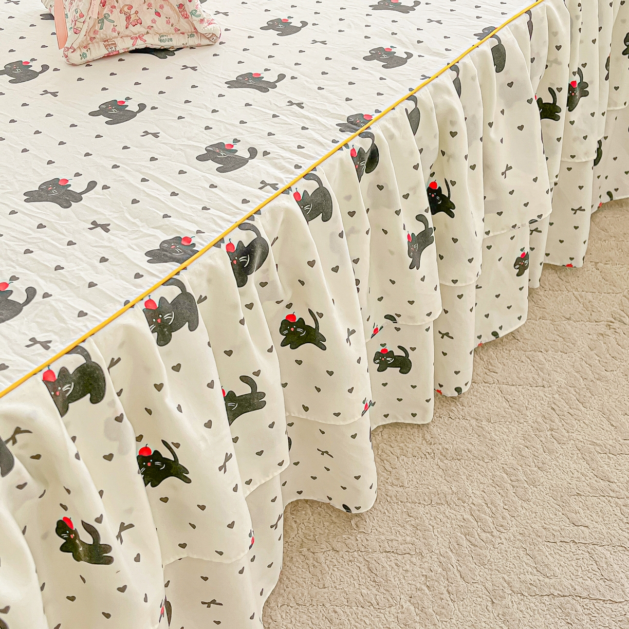 91家纺网 家纺一手货源 找家纺 子钦家纺 2025新款云朵棉水洗棉韩版双层花边公主风床裙床裙三件套 床裙-爱心喵