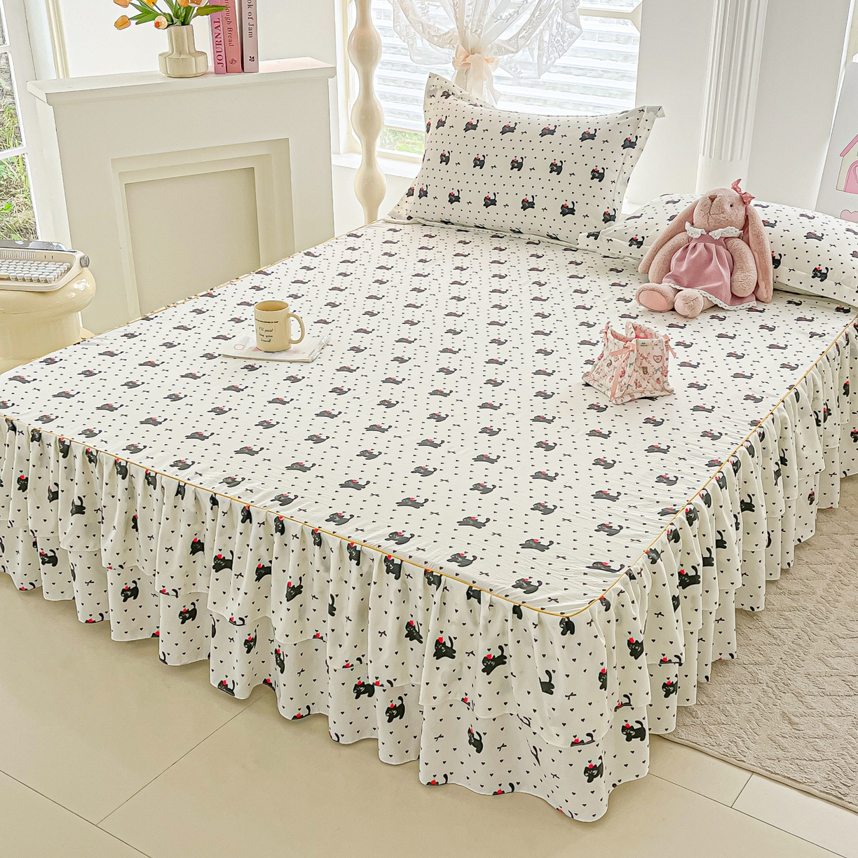 91家纺网 家纺一手货源 找家纺 子钦家纺 2025新款云朵棉水洗棉韩版双层花边公主风床裙床裙三件套 床裙-爱心喵