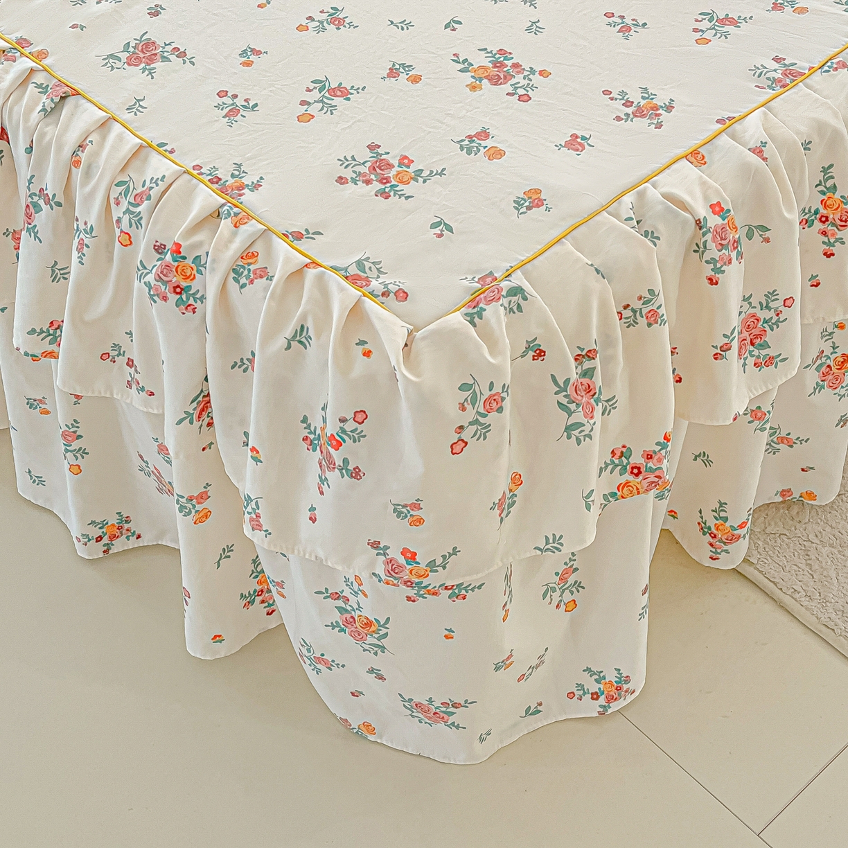 91家纺网 家纺一手货源 找家纺 子钦家纺 2025新款云朵棉水洗棉韩版双层花边公主风床裙床裙三件套 床裙-玫瑰奶糖