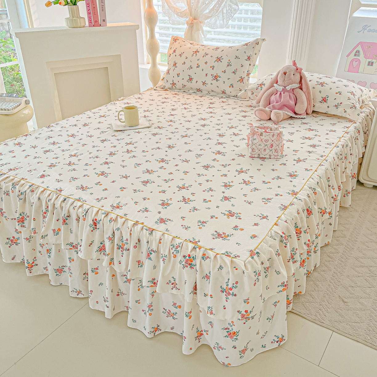 91家纺网 家纺一手货源 找家纺 子钦家纺 2025新款云朵棉水洗棉韩版双层花边公主风床裙床裙三件套 床裙-玫瑰奶糖