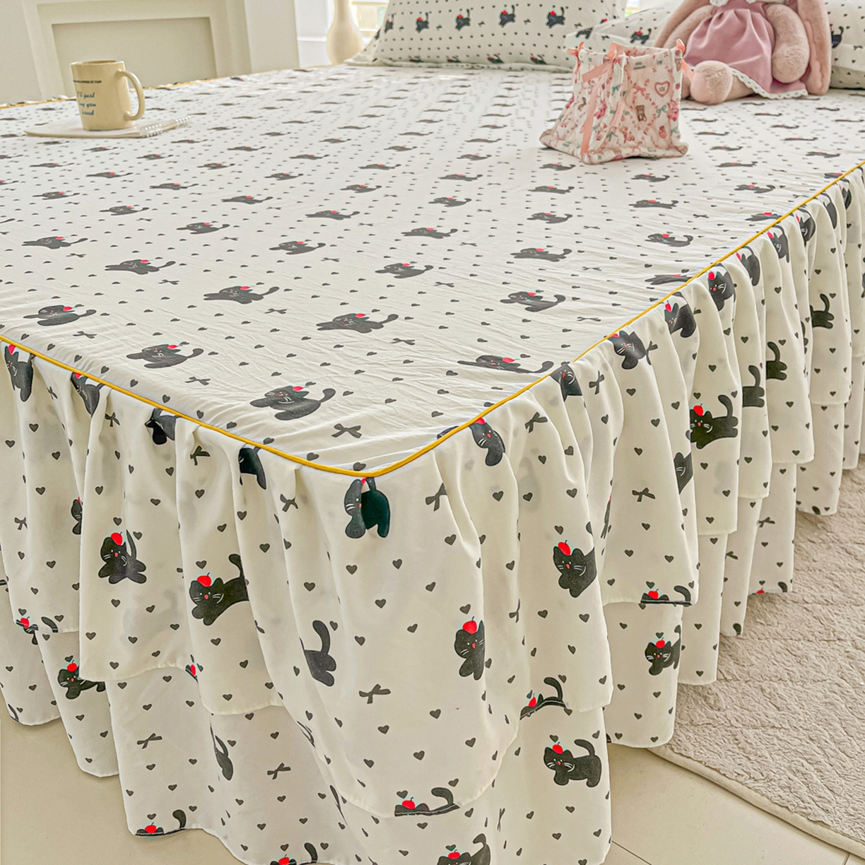 91家纺网 家纺一手货源 找家纺 （总）子钦家纺 2025新款云朵棉水洗棉韩版双层花边公主风床裙床裙三件套