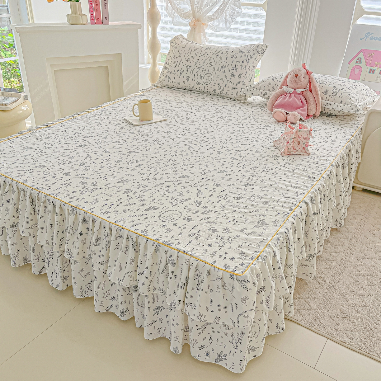 91家纺网 家纺一手货源 找家纺 子钦家纺 2025新款云朵棉水洗棉韩版双层花边公主风床裙床裙三件套 床裙-风情万种