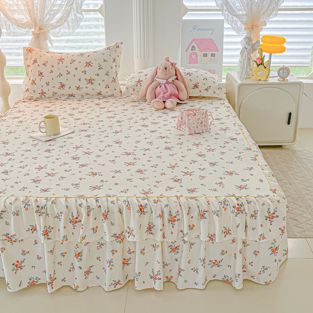 91家纺网 家纺一手货源 找家纺 子钦家纺 2025新款云朵棉水洗棉韩版双层花边公主风床裙床裙三件套 床裙-玫瑰奶糖