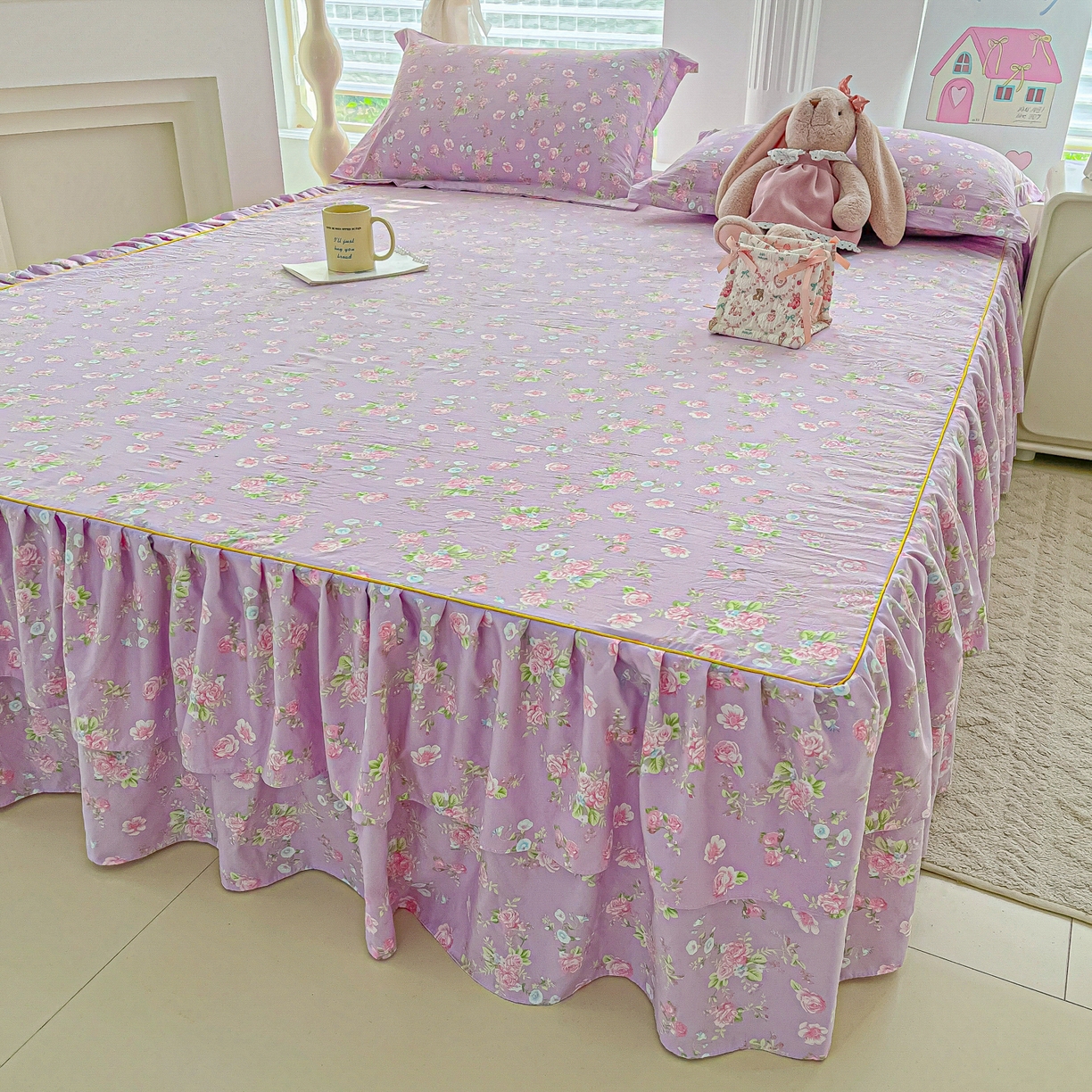 91家纺网 家纺一手货源 找家纺 子钦家纺 2025新款云朵棉水洗棉韩版双层花边公主风床裙床裙三件套 床裙-普罗爱思