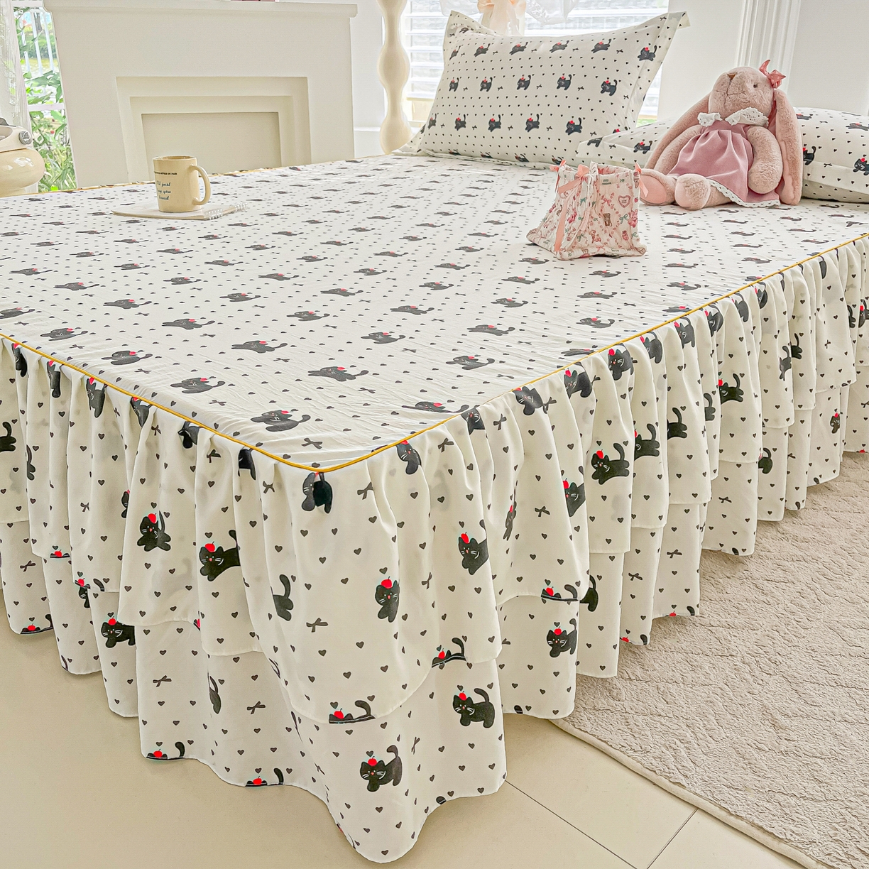 91家纺网 家纺一手货源 找家纺 子钦家纺 2025新款云朵棉水洗棉韩版双层花边公主风床裙床裙三件套 床裙-爱心喵