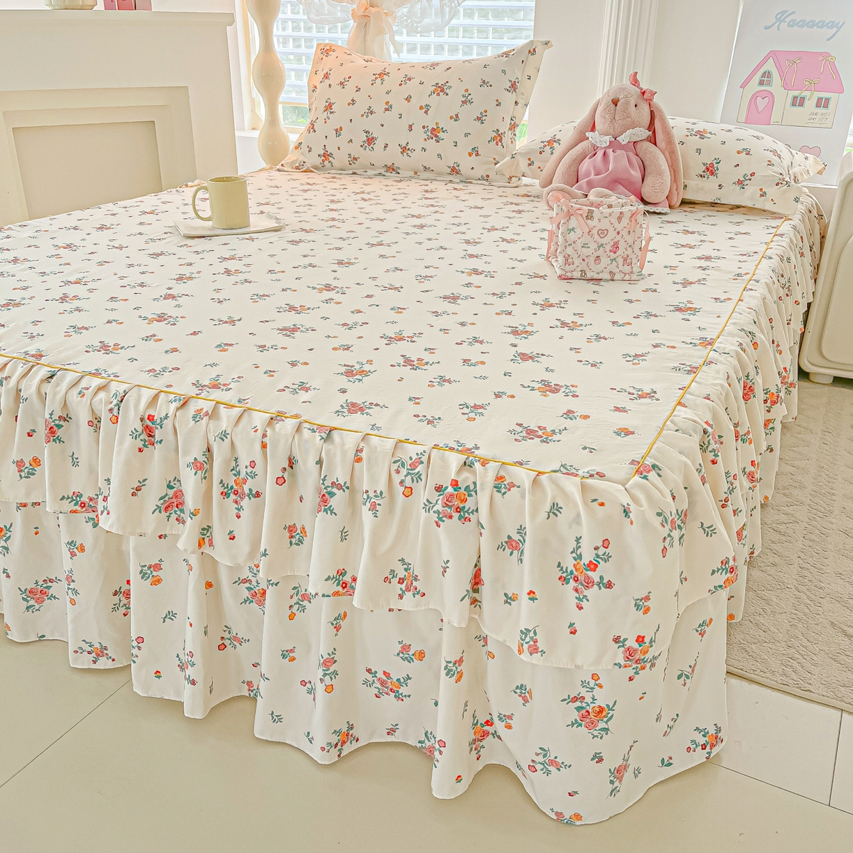 91家纺网 家纺一手货源 找家纺 子钦家纺 2025新款云朵棉水洗棉韩版双层花边公主风床裙床裙三件套 床裙-玫瑰奶糖