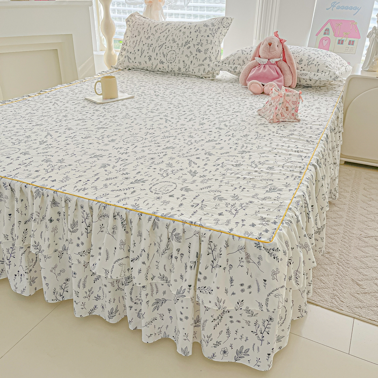 91家纺网 家纺一手货源 找家纺 子钦家纺 2025新款云朵棉水洗棉韩版双层花边公主风床裙床裙三件套 床裙-风情万种