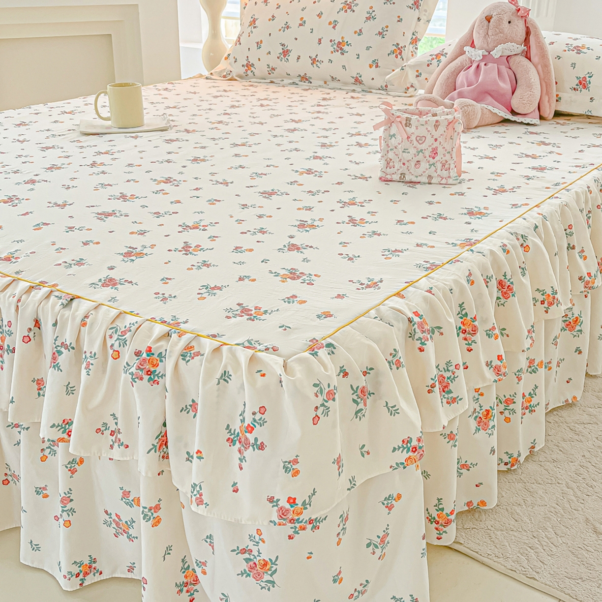 91家纺网 家纺一手货源 找家纺 子钦家纺 2025新款云朵棉水洗棉韩版双层花边公主风床裙床裙三件套 床裙-玫瑰奶糖