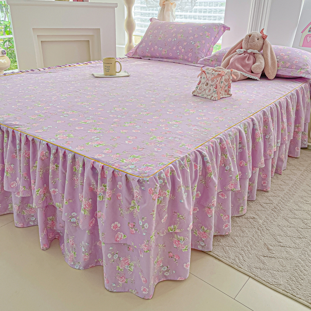 91家纺网 家纺一手货源 找家纺 子钦家纺 2025新款云朵棉水洗棉韩版双层花边公主风床裙床裙三件套 床裙-普罗爱思