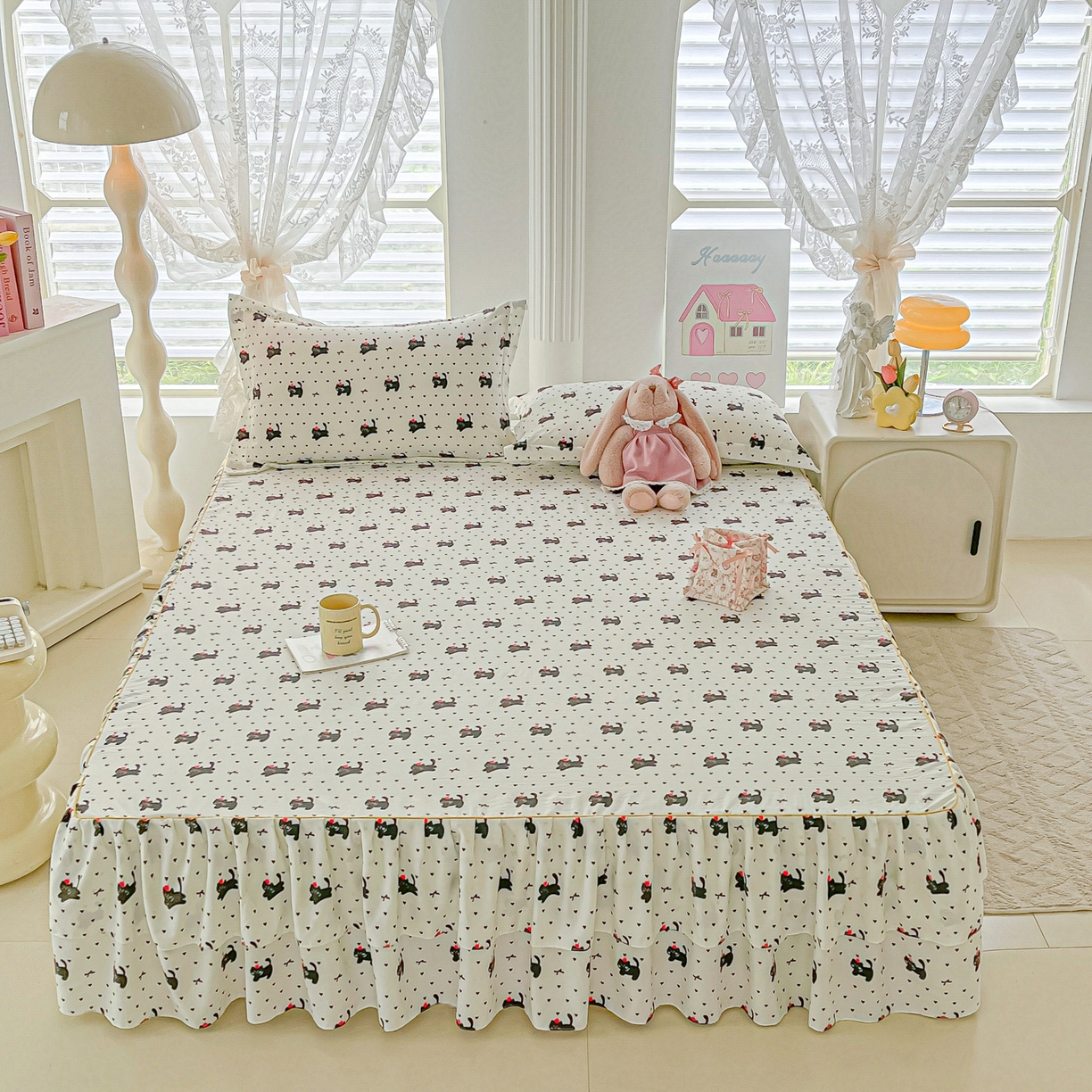 91家纺网 家纺一手货源 找家纺 子钦家纺 2025新款云朵棉水洗棉韩版双层花边公主风床裙床裙三件套 床裙-爱心喵