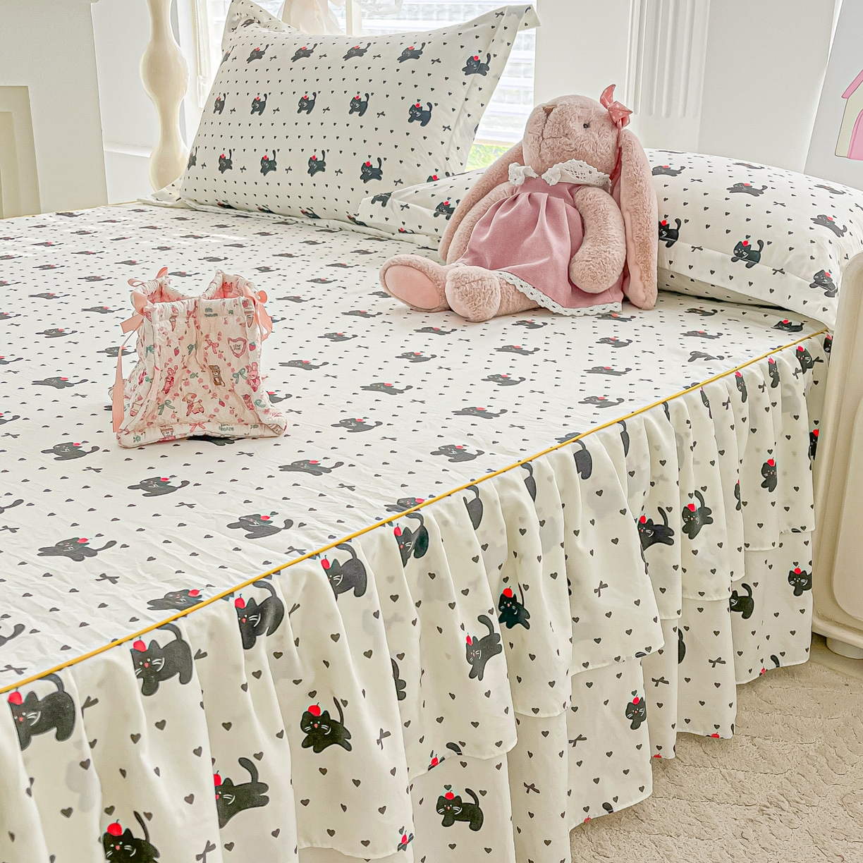 91家纺网 家纺一手货源 找家纺 （总）子钦家纺 2025新款云朵棉水洗棉韩版双层花边公主风床裙床裙三件套