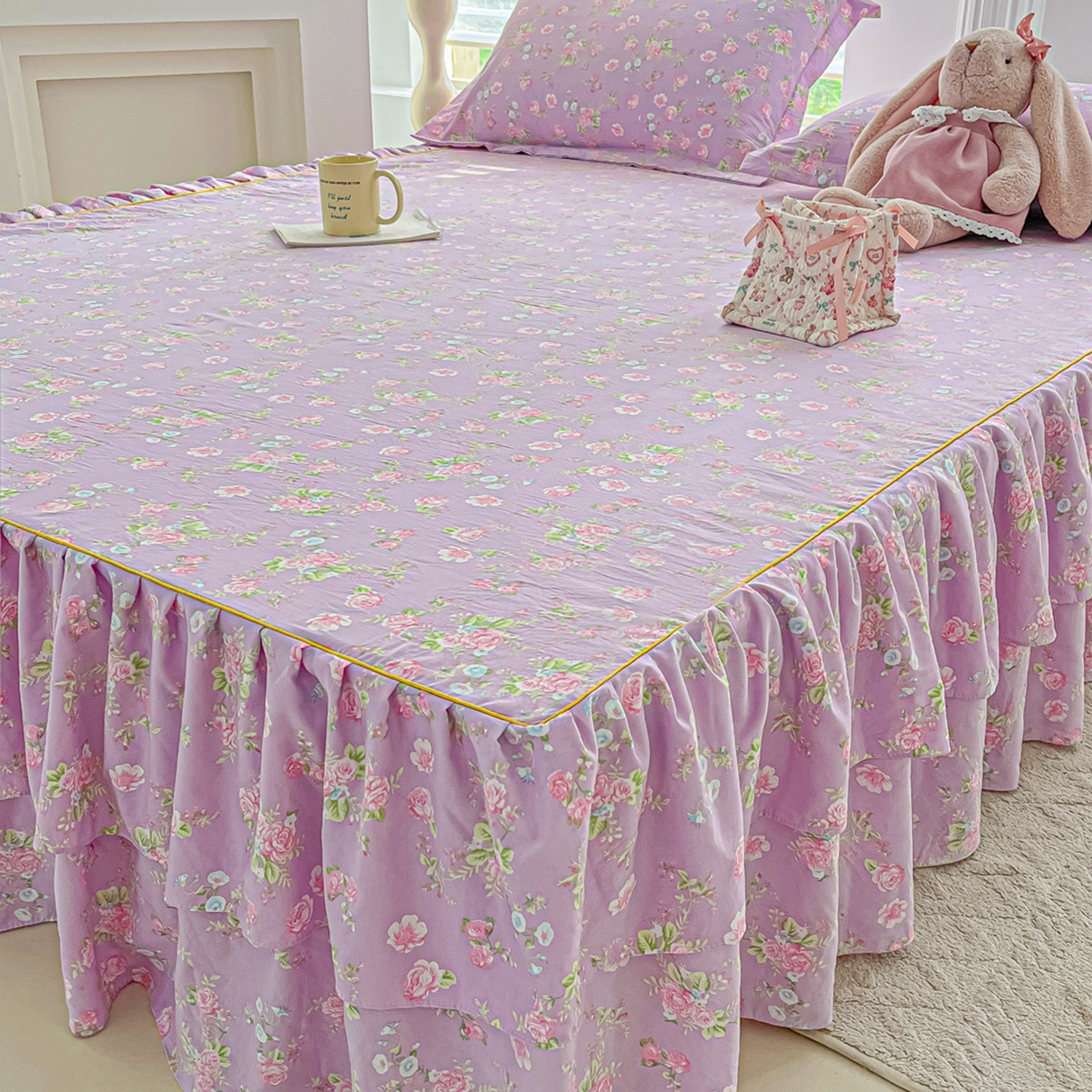 91家纺网 家纺一手货源 找家纺 子钦家纺 2025新款云朵棉水洗棉韩版双层花边公主风床裙床裙三件套 床裙-普罗爱思