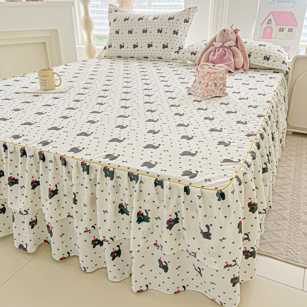 91家纺网 家纺一手货源 找家纺 （总）子钦家纺 2025新款云朵棉水洗棉韩版双层花边公主风床裙床裙三件套