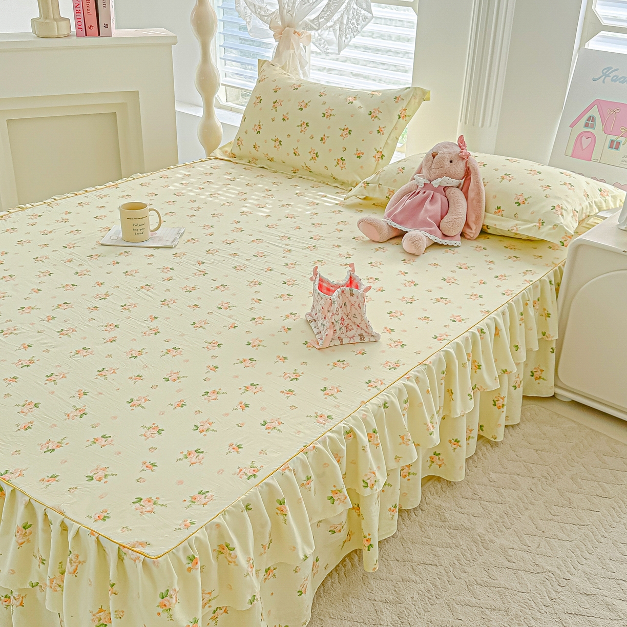 91家纺网 家纺一手货源 找家纺 （总）子钦家纺 2025新款云朵棉水洗棉韩版双层花边公主风床裙床裙三件套