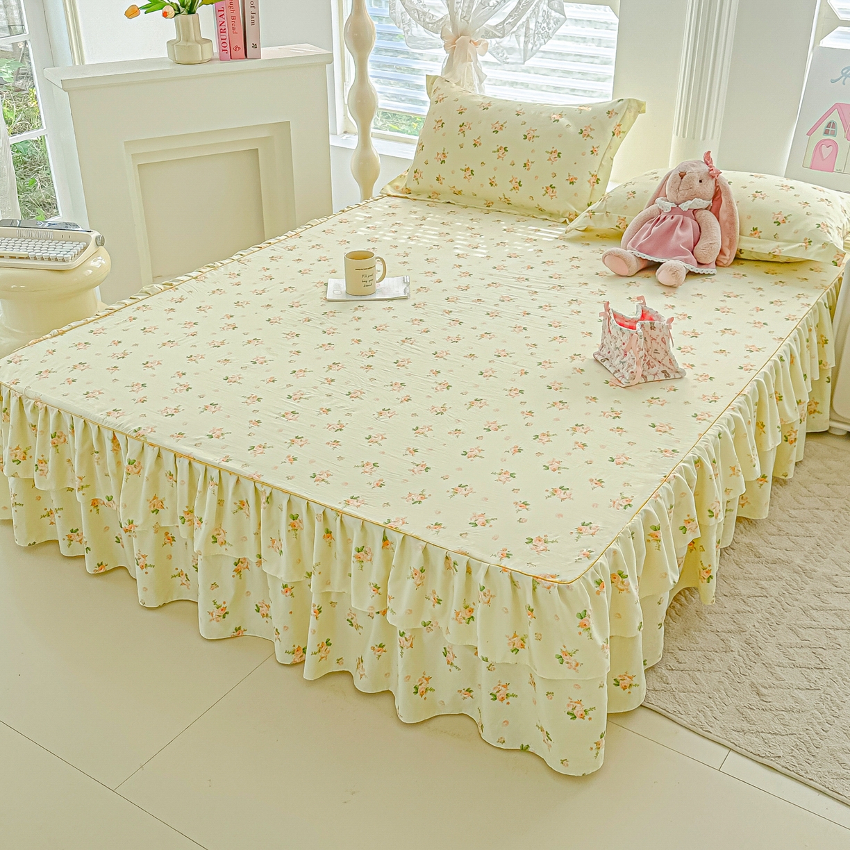 91家纺网 家纺一手货源 找家纺 子钦家纺 2025新款云朵棉水洗棉韩版双层花边公主风床裙床裙三件套 床裙-仲夏