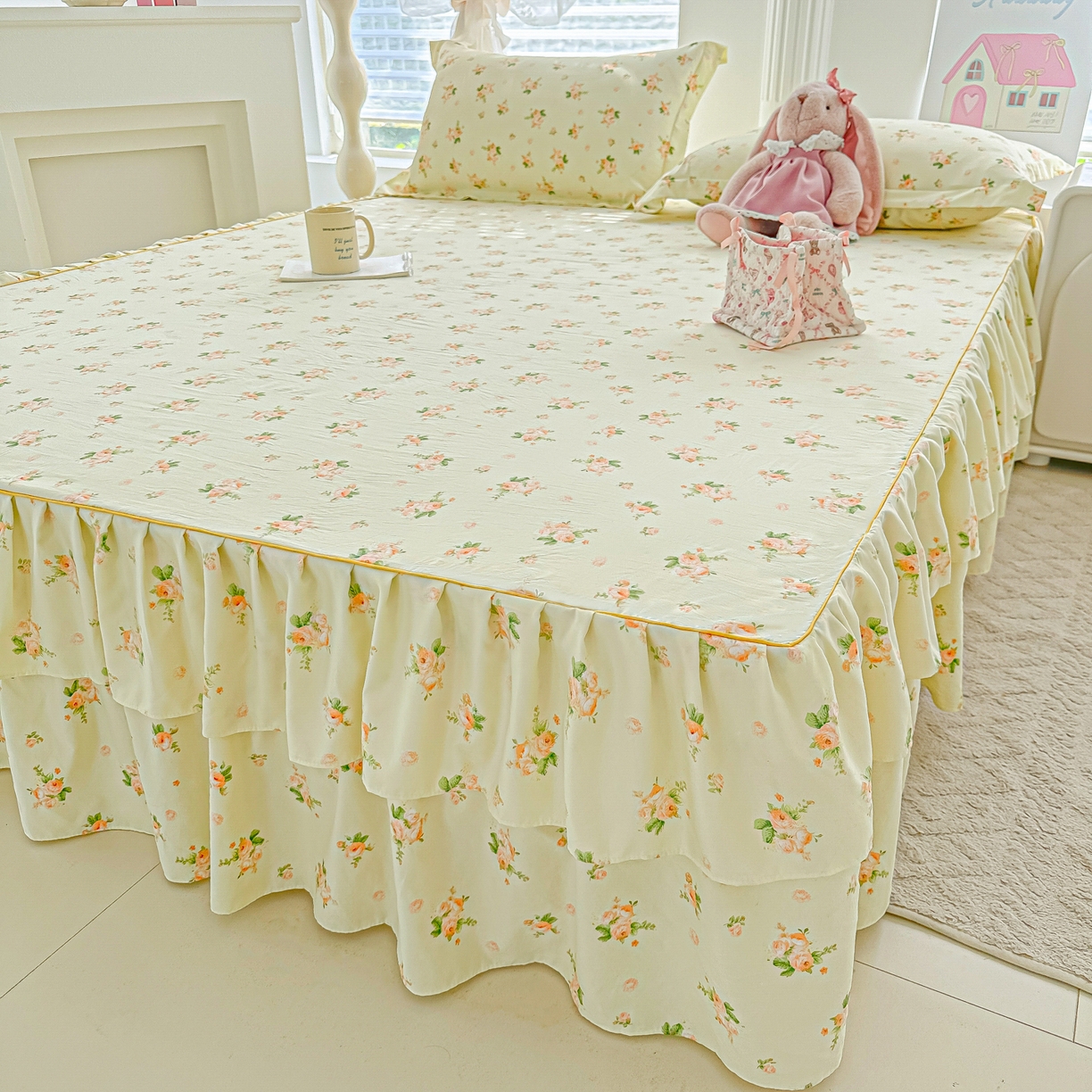 91家纺网 家纺一手货源 找家纺 子钦家纺 2025新款云朵棉水洗棉韩版双层花边公主风床裙床裙三件套 床裙-仲夏