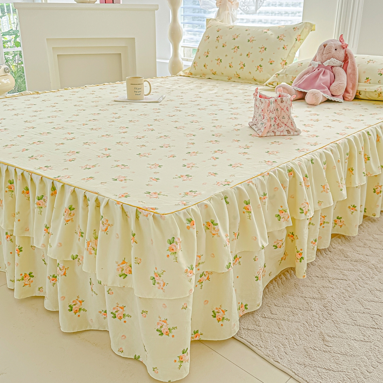 91家纺网 家纺一手货源 找家纺 子钦家纺 2025新款云朵棉水洗棉韩版双层花边公主风床裙床裙三件套 床裙-仲夏