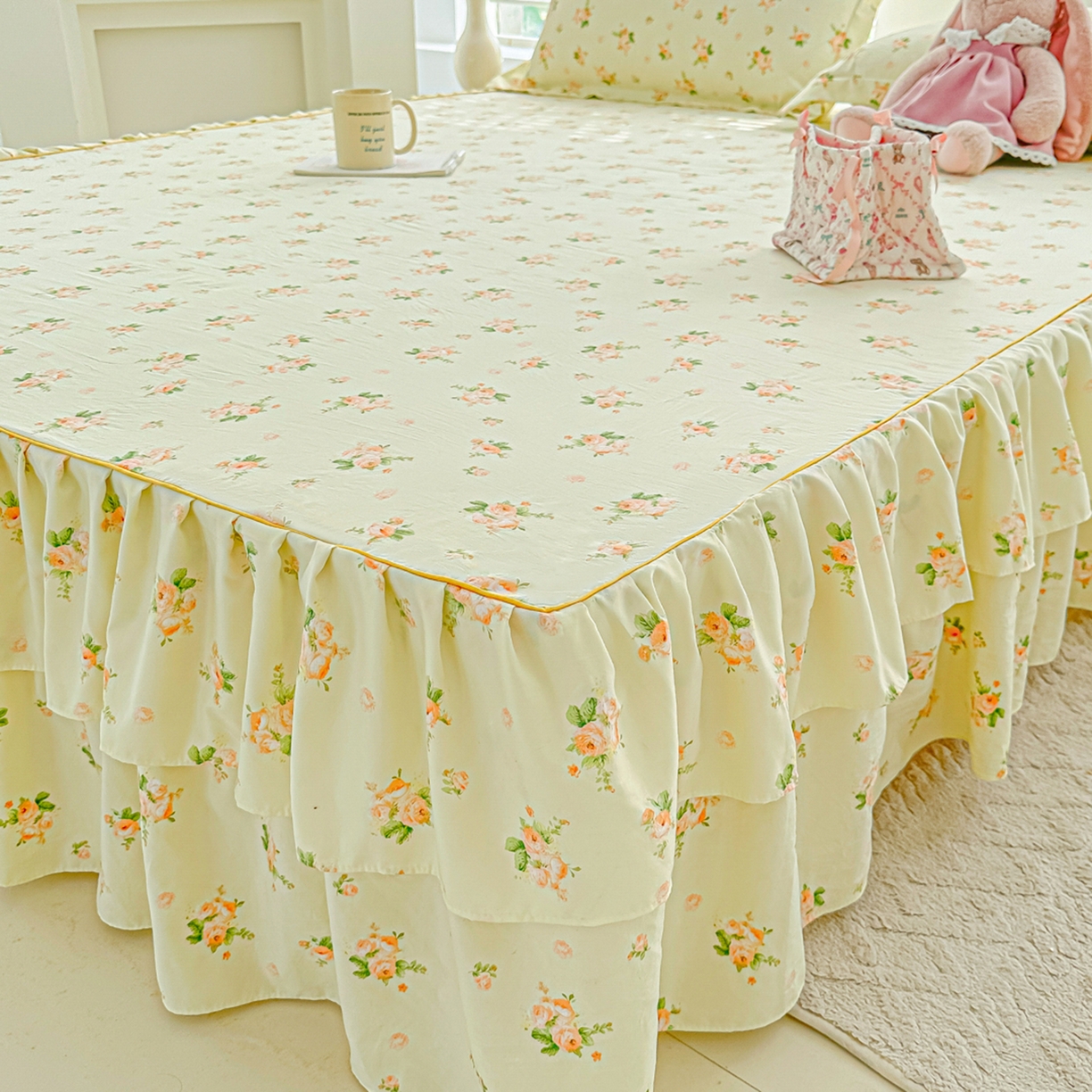 91家纺网 家纺一手货源 找家纺 子钦家纺 2025新款云朵棉水洗棉韩版双层花边公主风床裙床裙三件套 床裙-仲夏