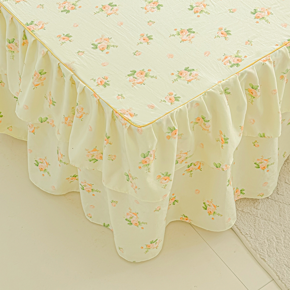 91家纺网 家纺一手货源 找家纺 子钦家纺 2025新款云朵棉水洗棉韩版双层花边公主风床裙床裙三件套 床裙-仲夏