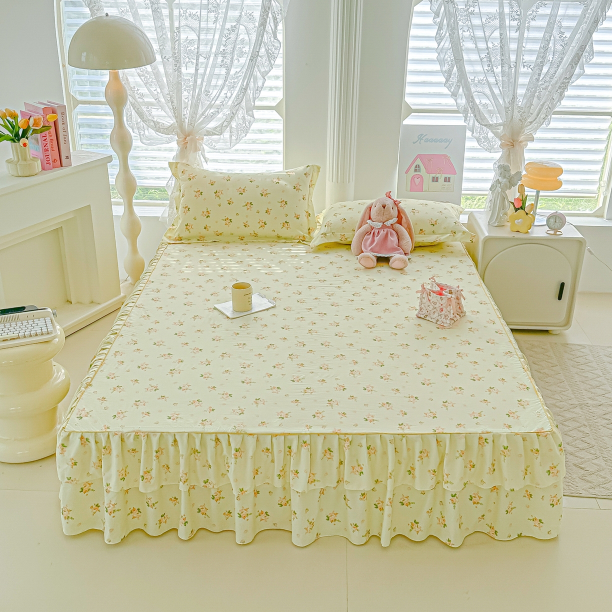 91家纺网 家纺一手货源 找家纺 子钦家纺 2025新款云朵棉水洗棉韩版双层花边公主风床裙床裙三件套 床裙-仲夏