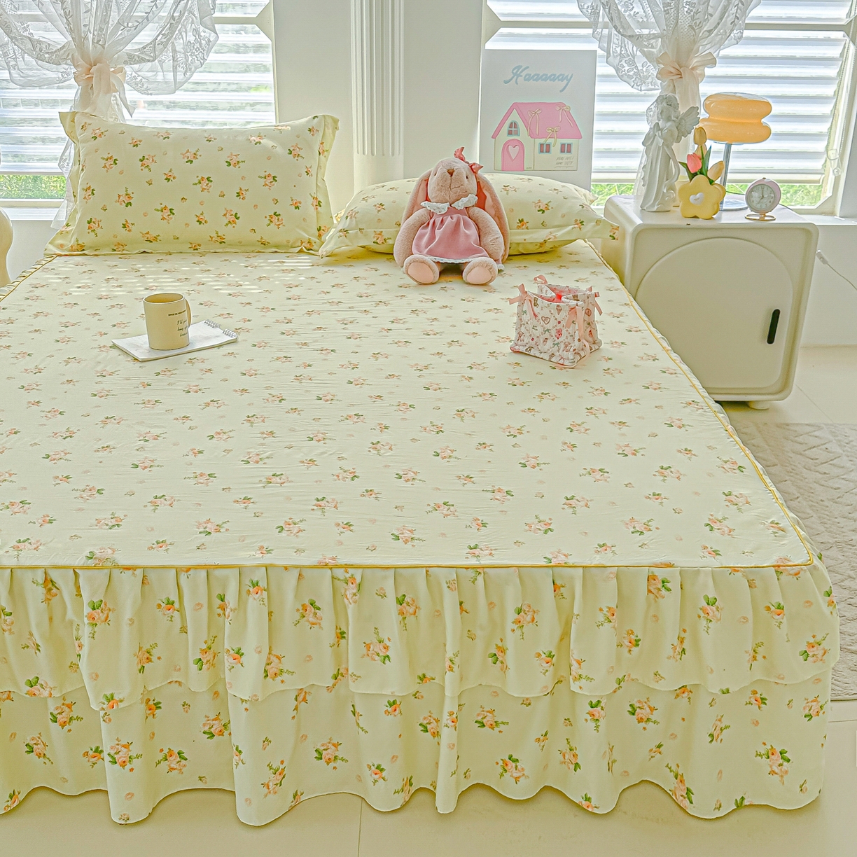 91家纺网 家纺一手货源 找家纺 子钦家纺 2025新款云朵棉水洗棉韩版双层花边公主风床裙床裙三件套 床裙-仲夏