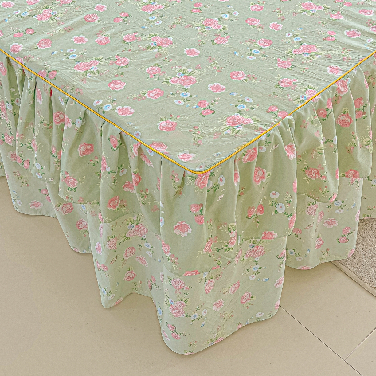 91家纺网 家纺一手货源 找家纺 子钦家纺 2025新款云朵棉水洗棉韩版双层花边公主风床裙床裙三件套 床裙-花海绿