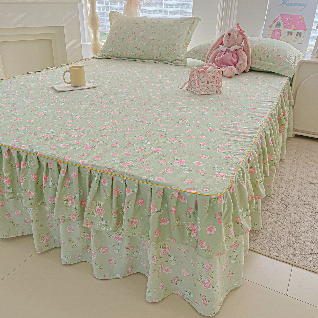 91家纺网 家纺一手货源 找家纺 子钦家纺 2025新款云朵棉水洗棉韩版双层花边公主风床裙床裙三件套 床裙-花海绿