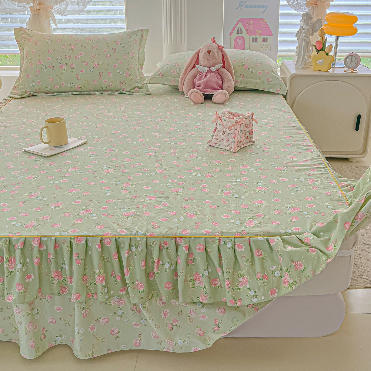 91家纺网 家纺一手货源 找家纺 子钦家纺 2025新款云朵棉水洗棉韩版双层花边公主风床裙床裙三件套 床裙-花海绿