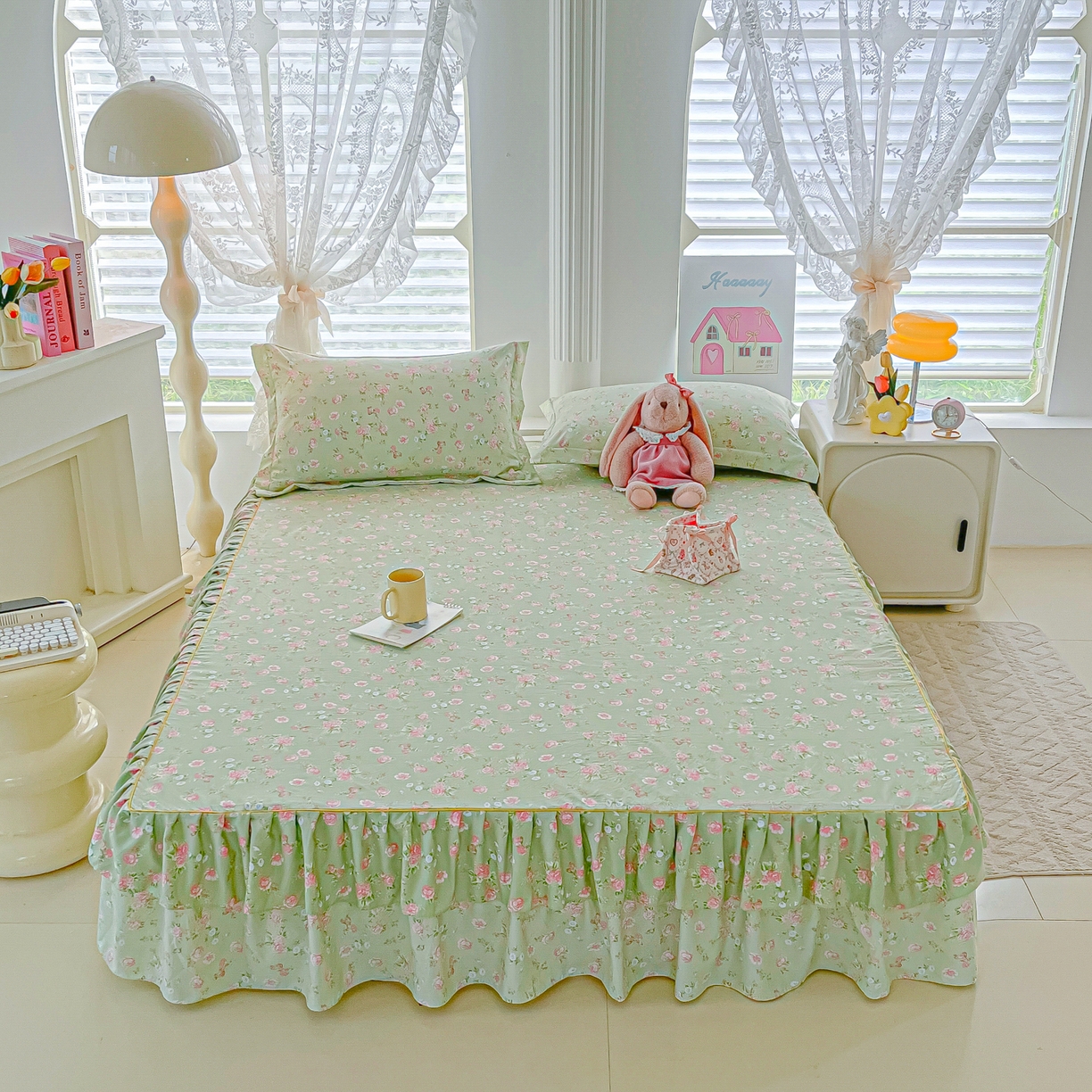 91家纺网 家纺一手货源 找家纺 子钦家纺 2025新款云朵棉水洗棉韩版双层花边公主风床裙床裙三件套 床裙-花海绿