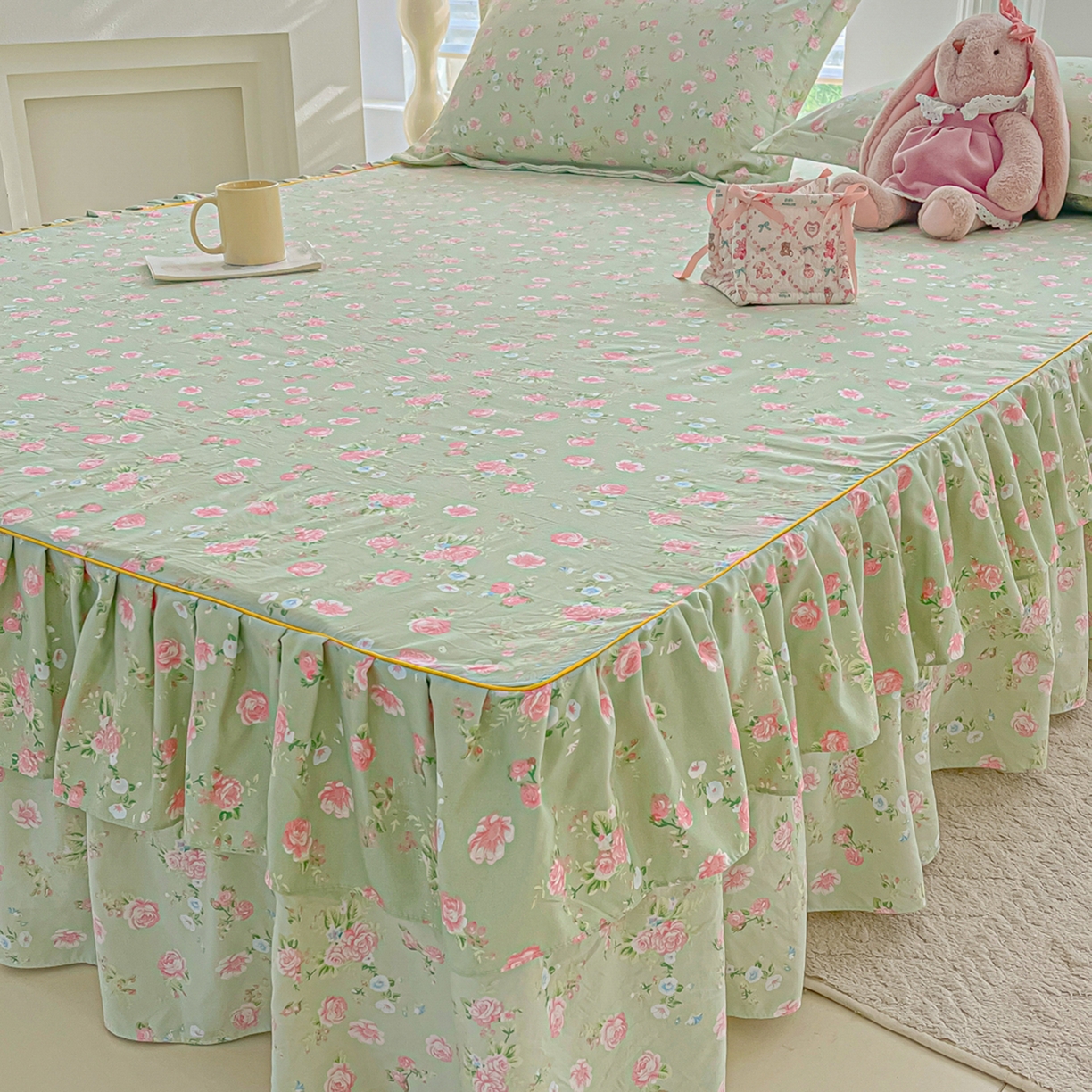 91家纺网 家纺一手货源 找家纺 子钦家纺 2025新款云朵棉水洗棉韩版双层花边公主风床裙床裙三件套 床裙-花海绿