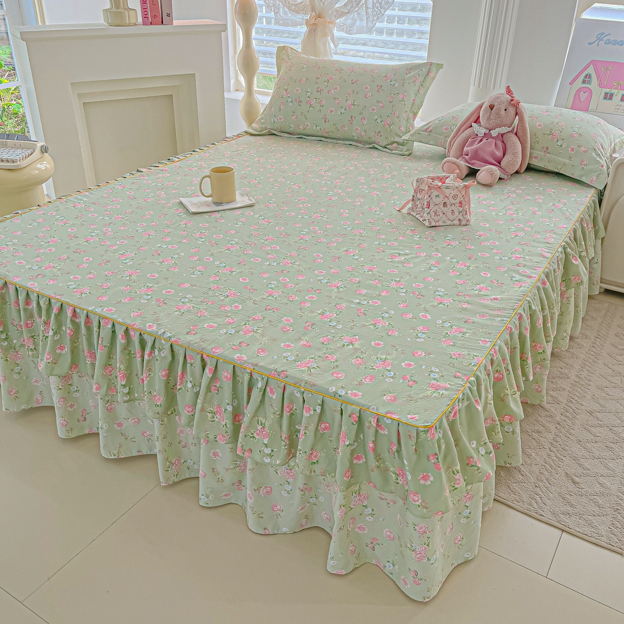 91家纺网 家纺一手货源 找家纺 子钦家纺 2025新款云朵棉水洗棉韩版双层花边公主风床裙床裙三件套 床裙-花海绿