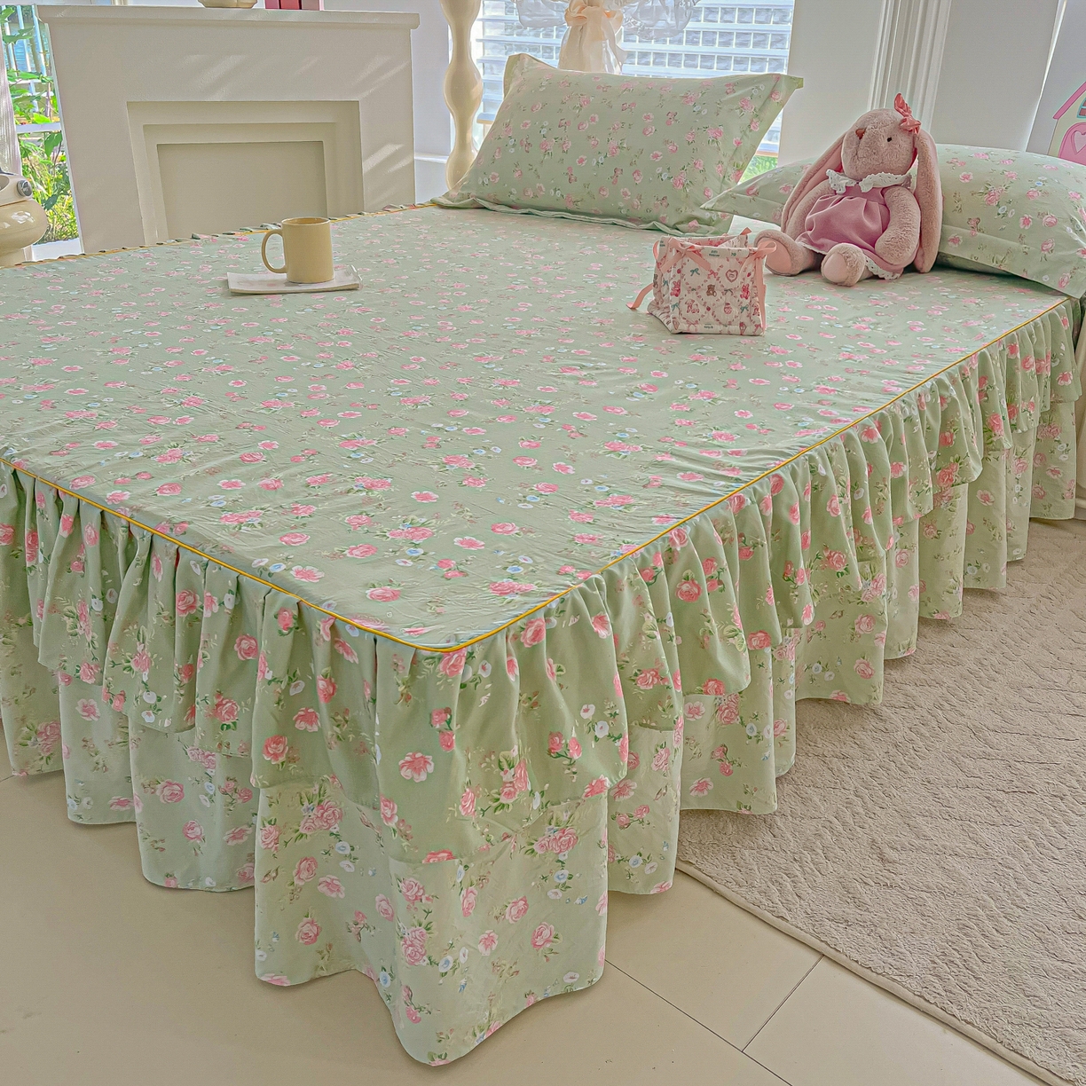 91家纺网 家纺一手货源 找家纺 子钦家纺 2025新款云朵棉水洗棉韩版双层花边公主风床裙床裙三件套 床裙-花海绿