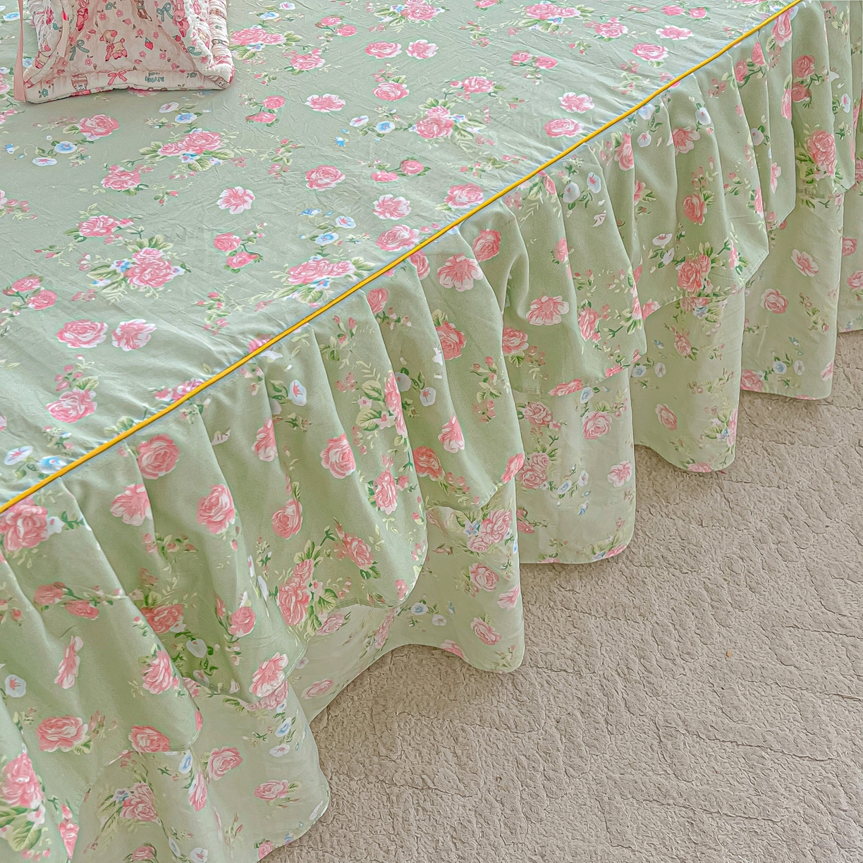 91家纺网 家纺一手货源 找家纺 子钦家纺 2025新款云朵棉水洗棉韩版双层花边公主风床裙床裙三件套 床裙-花海绿