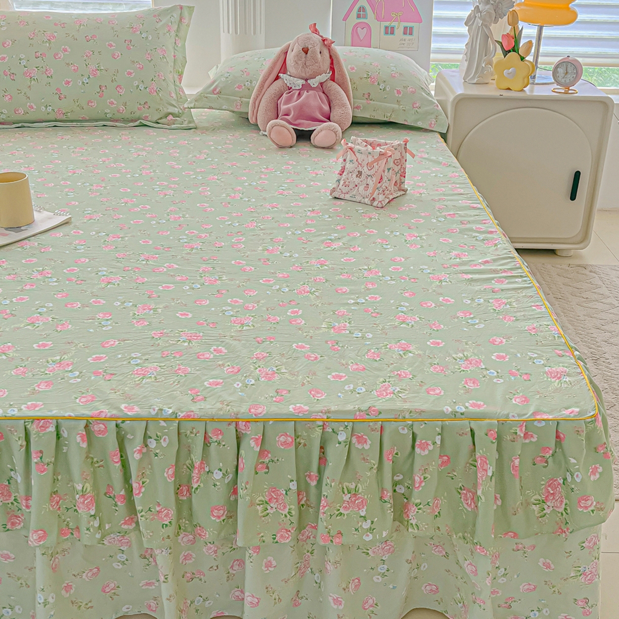 91家纺网 家纺一手货源 找家纺 子钦家纺 2025新款云朵棉水洗棉韩版双层花边公主风床裙床裙三件套 床裙-花海绿