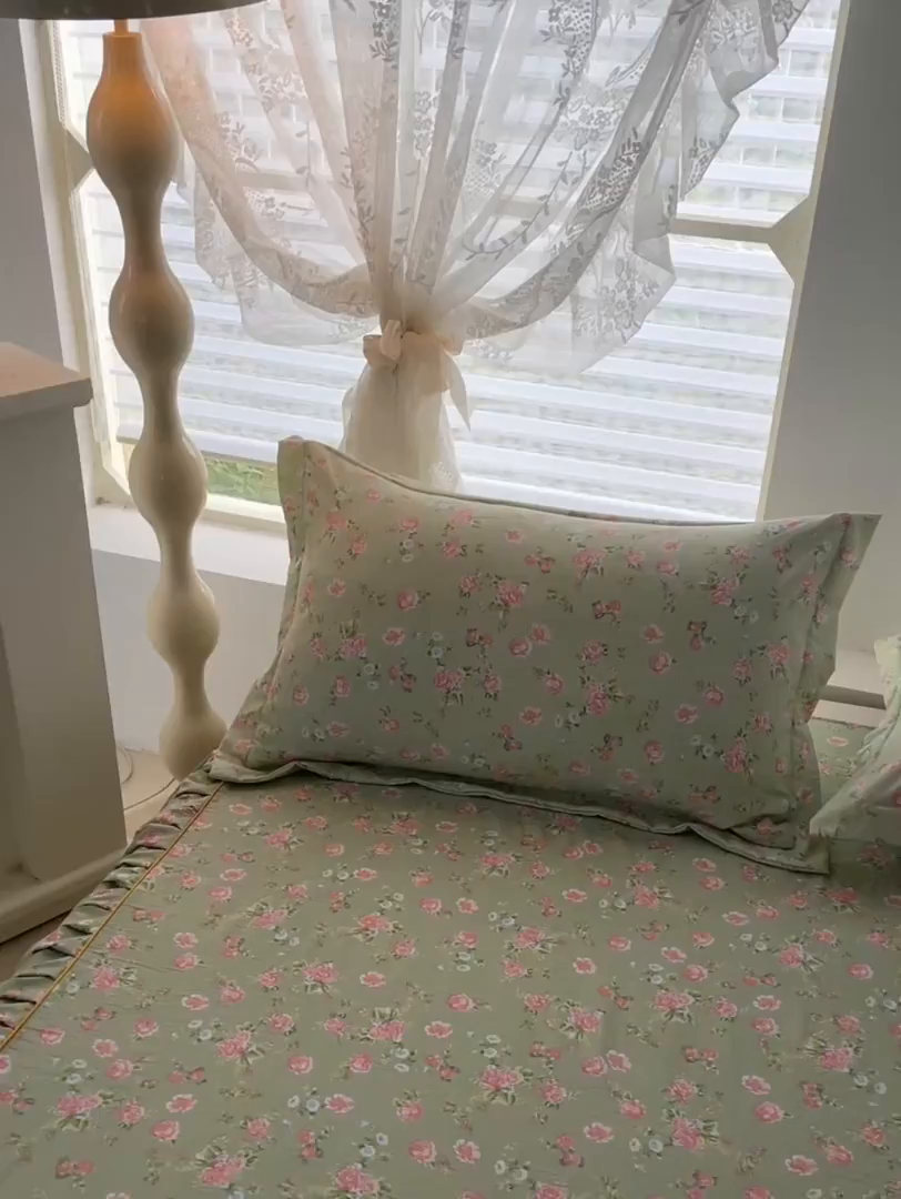 91家纺网 家纺一手货源 找家纺 子钦家纺 2025新款云朵棉水洗棉韩版双层花边公主风床裙床裙三件套 床裙-花海绿