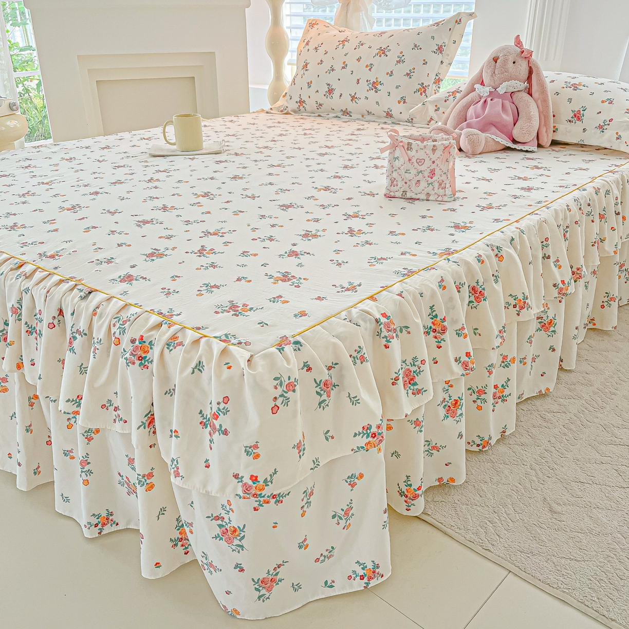 91家纺网 家纺一手货源 找家纺 子钦家纺 2025新款云朵棉水洗棉韩版双层花边公主风床裙床裙三件套 床裙-玫瑰奶糖