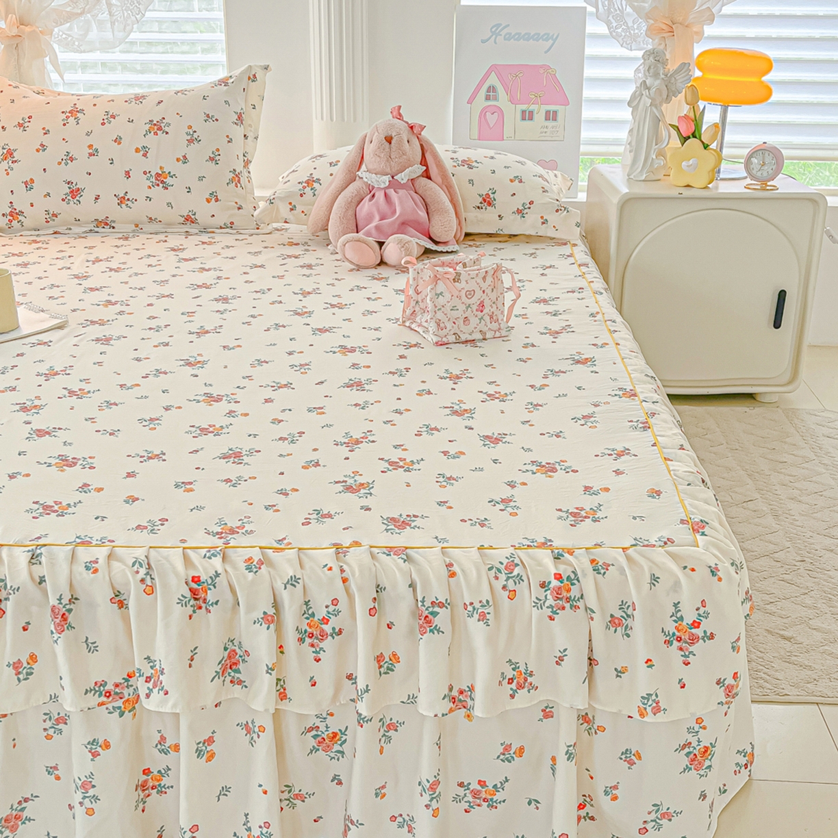 91家纺网 家纺一手货源 找家纺 子钦家纺 2025新款云朵棉水洗棉韩版双层花边公主风床裙床裙三件套 床裙-玫瑰奶糖