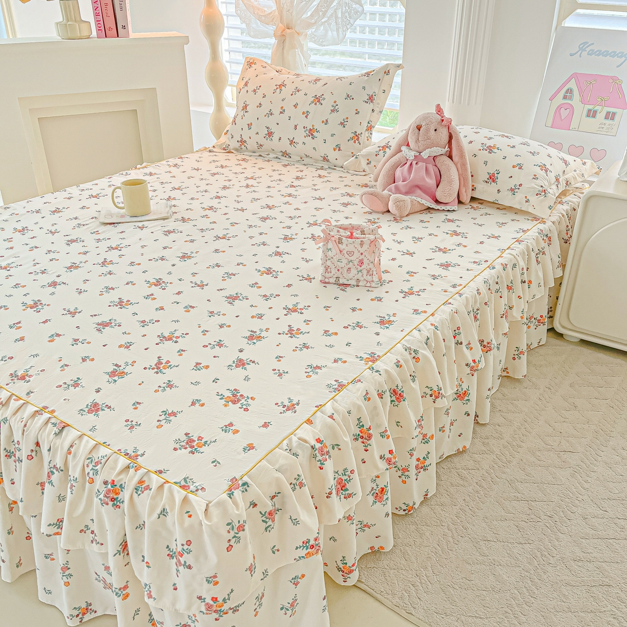 91家纺网 家纺一手货源 找家纺 （总）子钦家纺 2025新款云朵棉水洗棉韩版双层花边公主风床裙床裙三件套