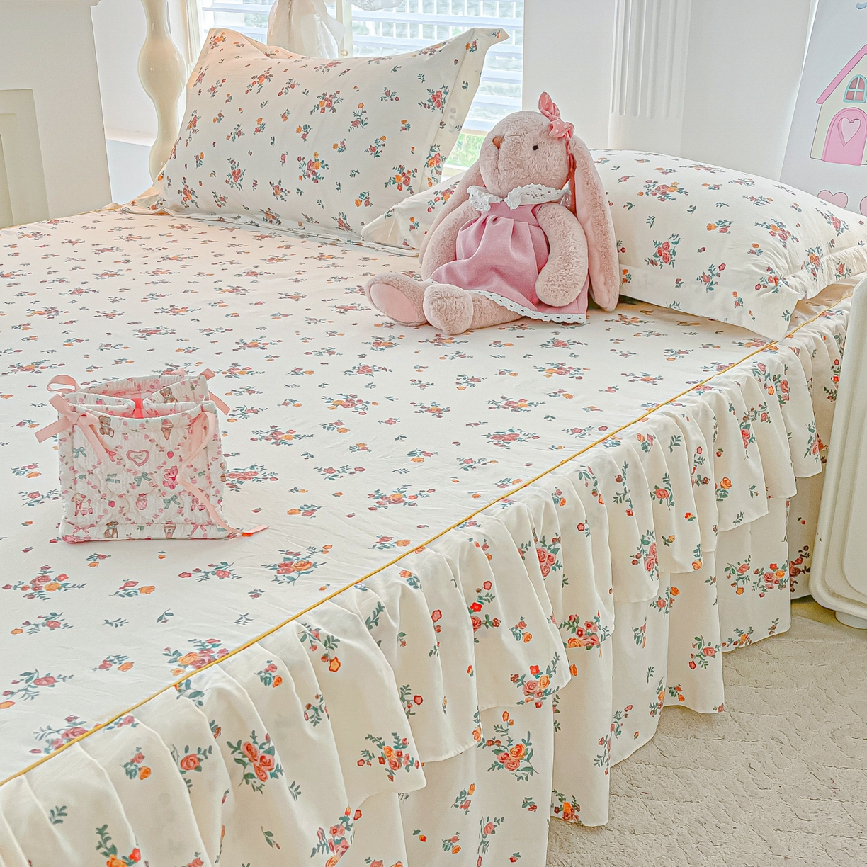 91家纺网 家纺一手货源 找家纺 子钦家纺 2025新款云朵棉水洗棉韩版双层花边公主风床裙床裙三件套 床裙-玫瑰奶糖